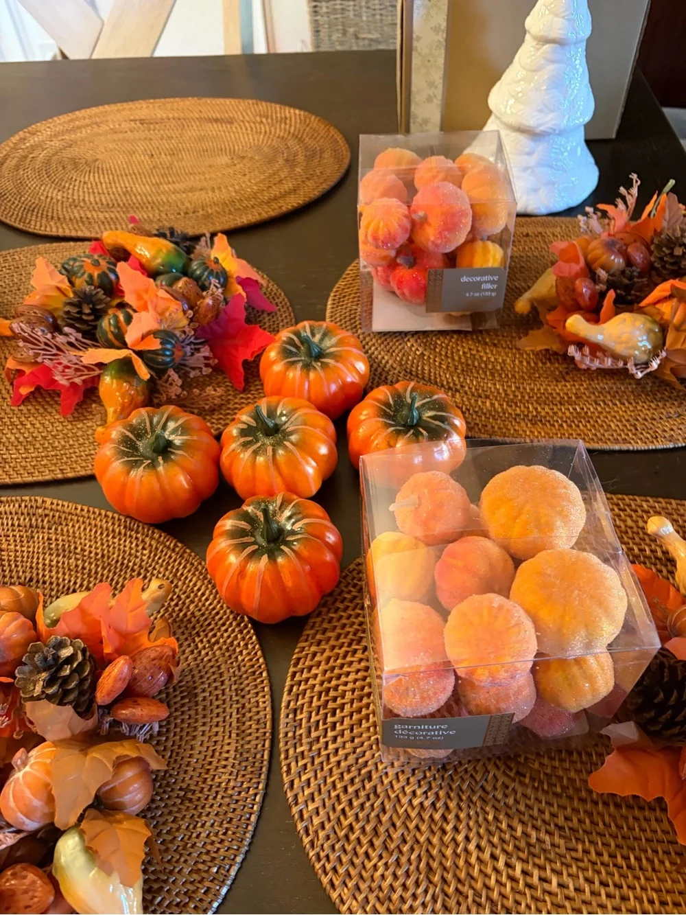 Huge Fall Decor Lot Pier 1 Flocked Pumpkins Vintage Wicker Place Mats ETC